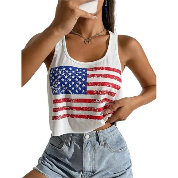 American Flag Crop Tank Top Patriotic USA 4th of July Sleeveless Tee Women - Picture 1 of 2
